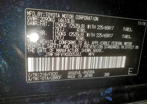 2019 Toyota Rav4 Le z USA, uszkodzony, nr VIN 005363